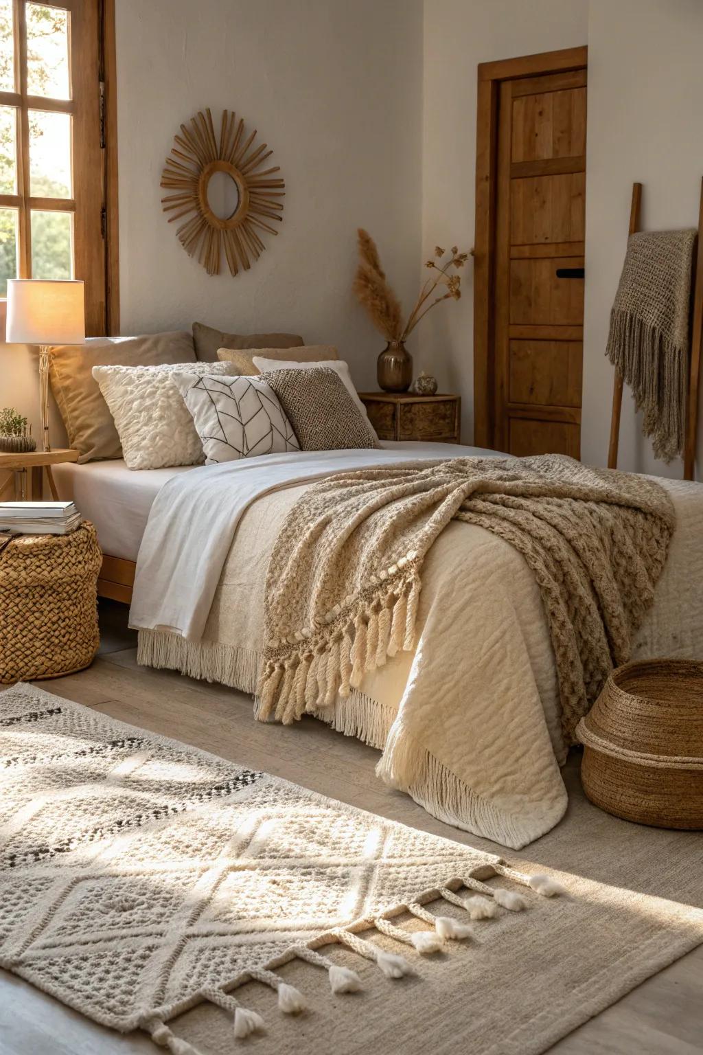 A cozy bedroom featuring layered neutral textures and inviting textiles.