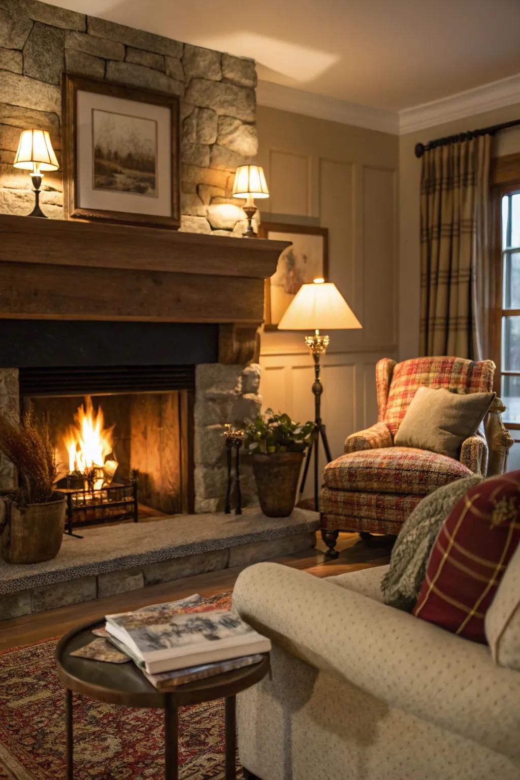 A fireplace offers natural light for an inviting atmosphere.