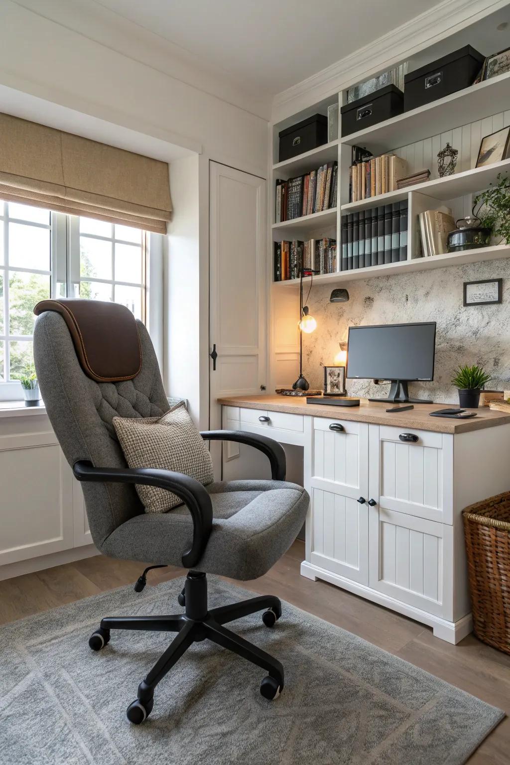 A comfy chair is essential for a productive workspace.