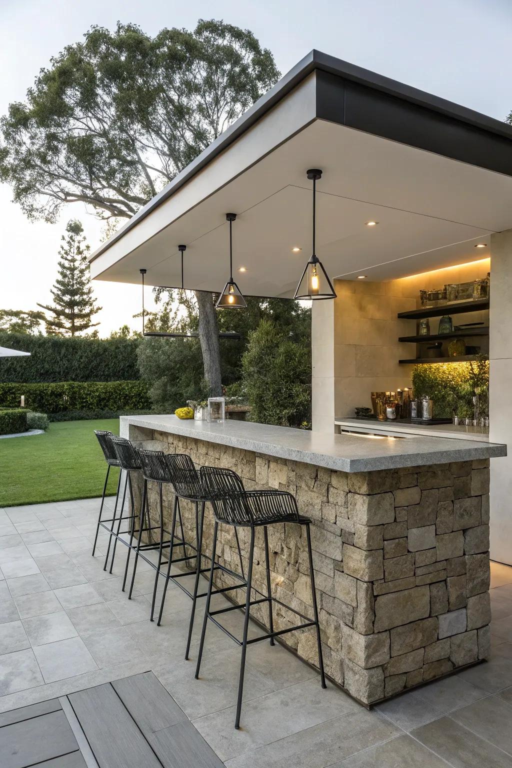 A modern outdoor bar using a mix of materials.