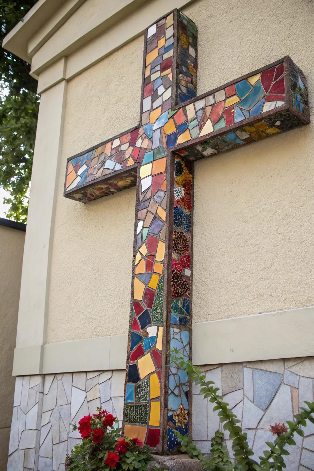 Cross decorated with a colorful tile mosaic