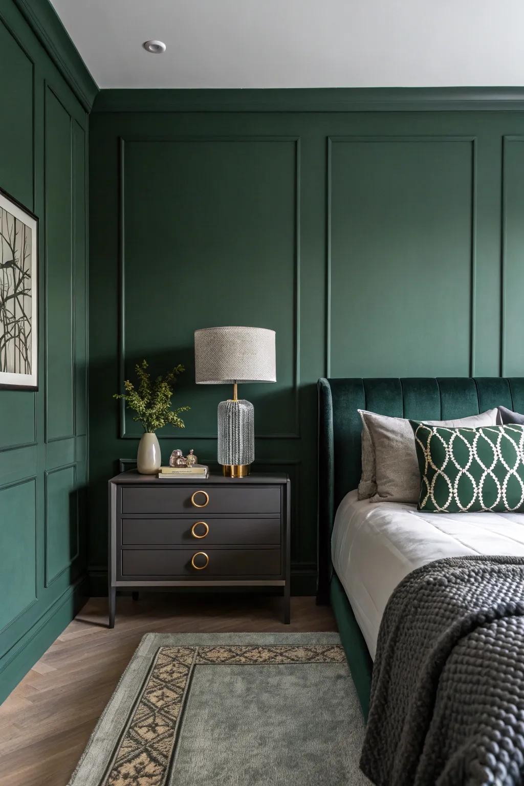 A minimalist dark green bedroom with select statement decor pieces.