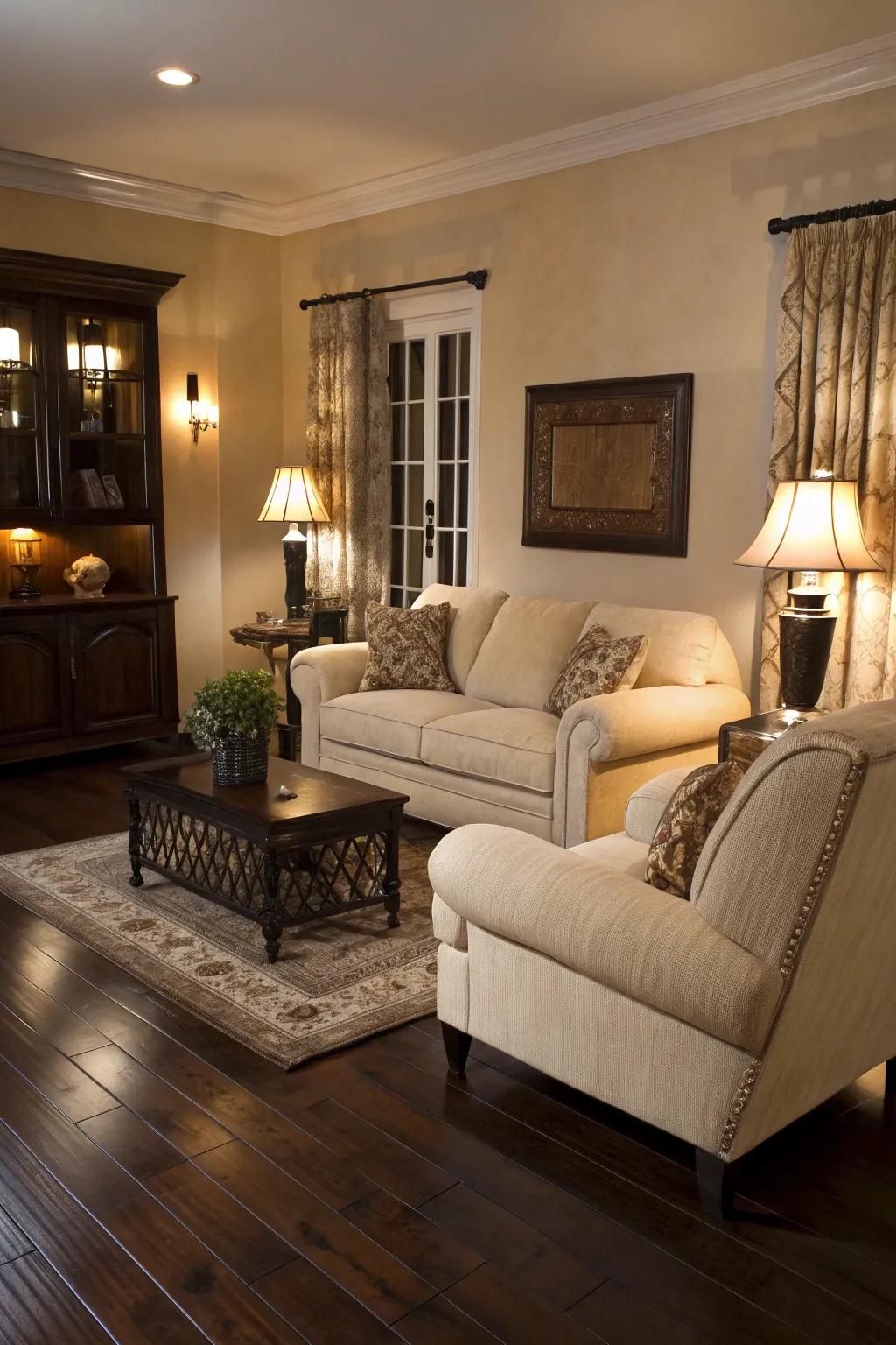 Light furniture beautifully contrasts with the dark wood floors.