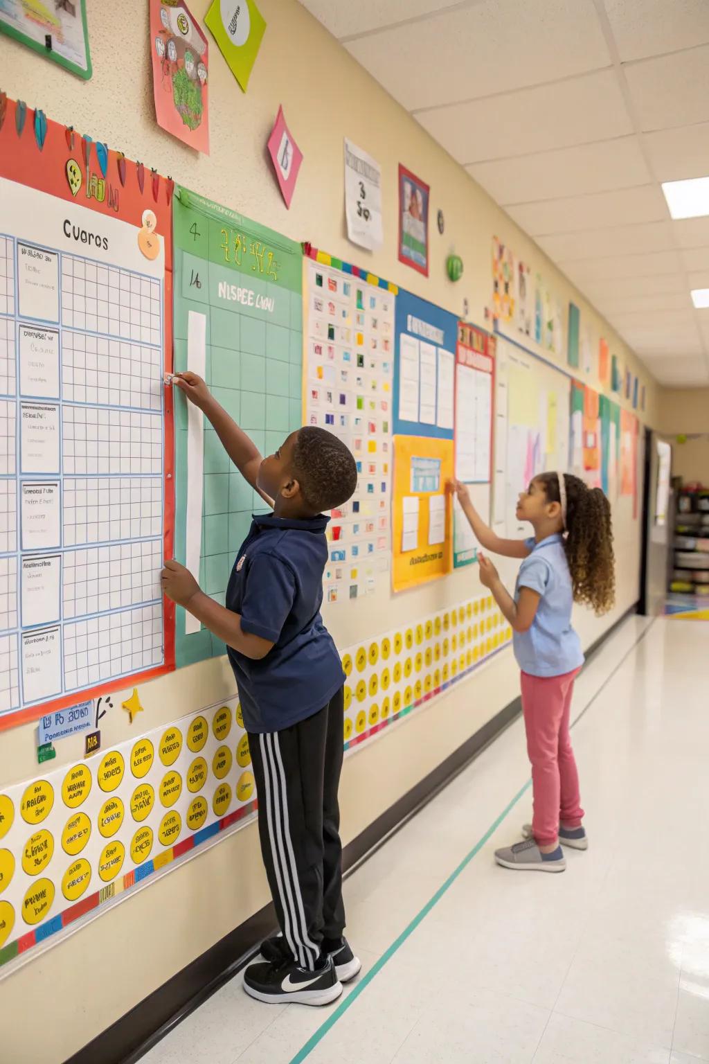 A data wall that features personalized goal-setting areas for students.