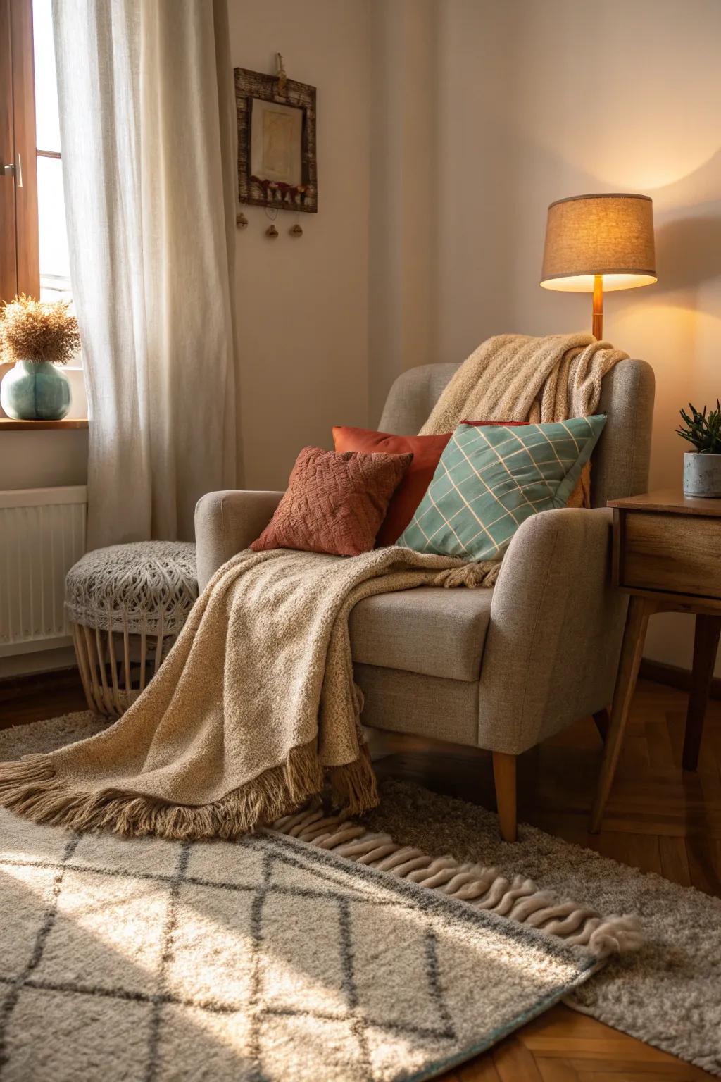 Textiles add warmth and coziness without clutter.