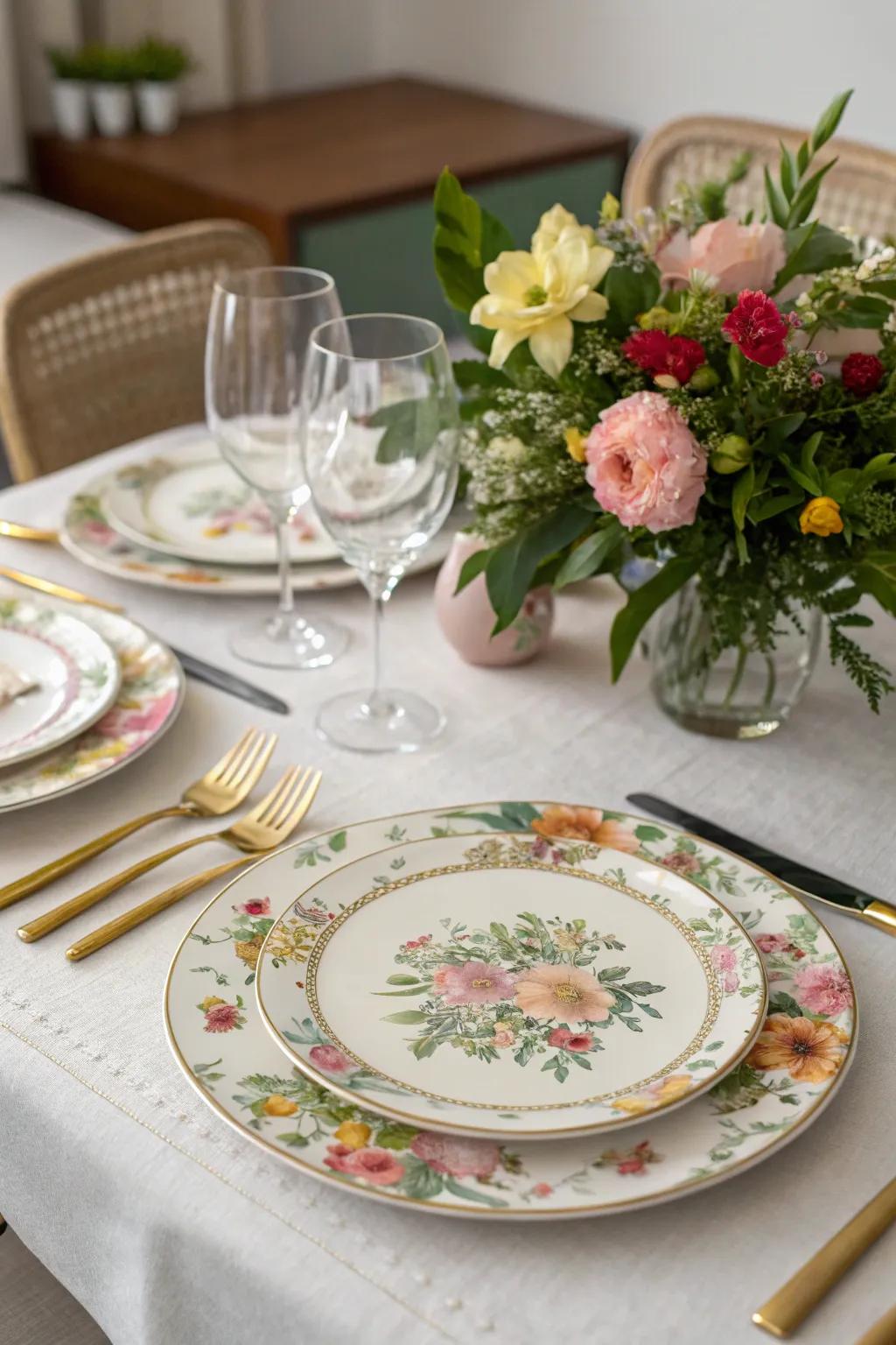 Charger plates enhanced with fresh flowers for a vibrant look.