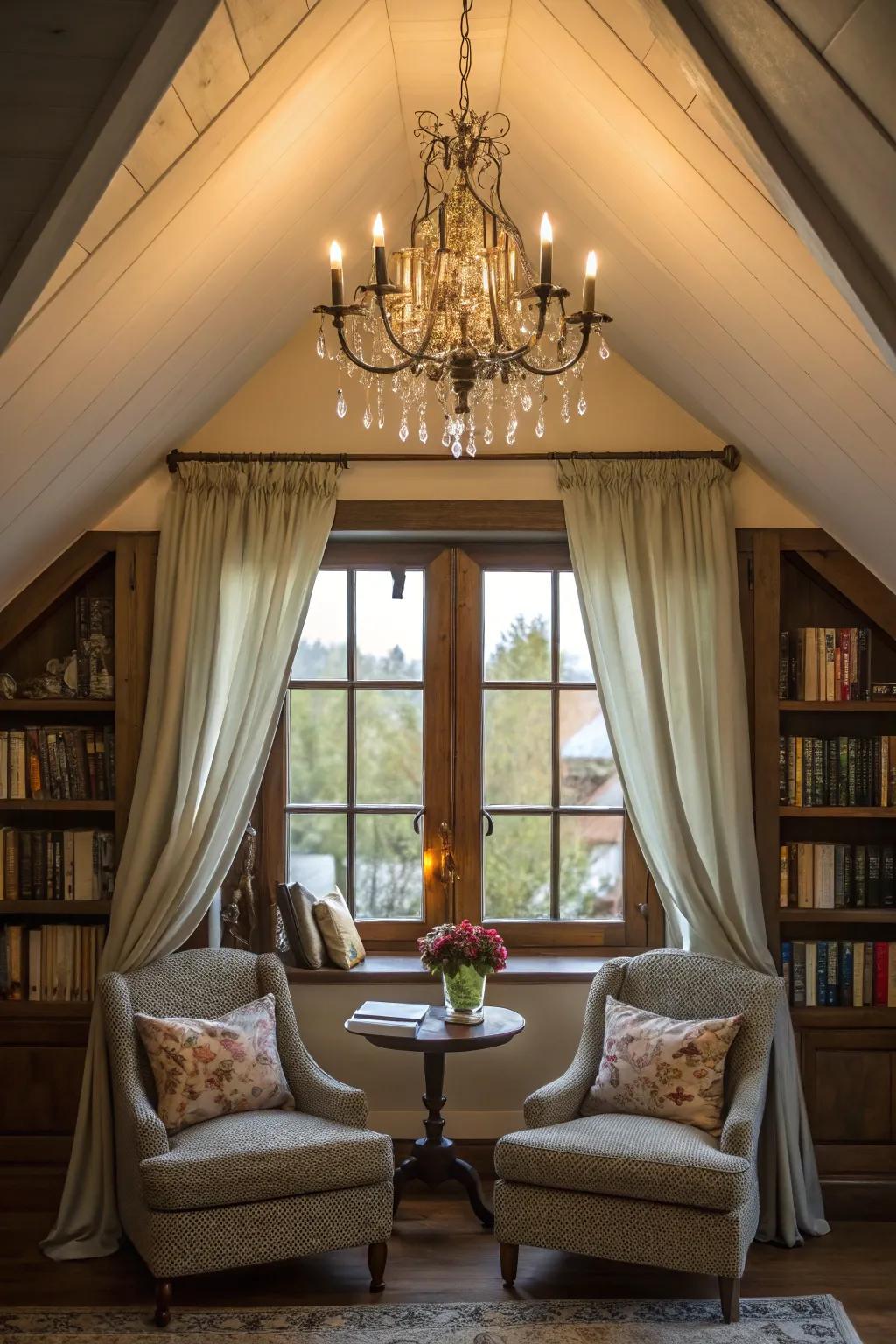 A chandelier adds a touch of glamour to the dormer.