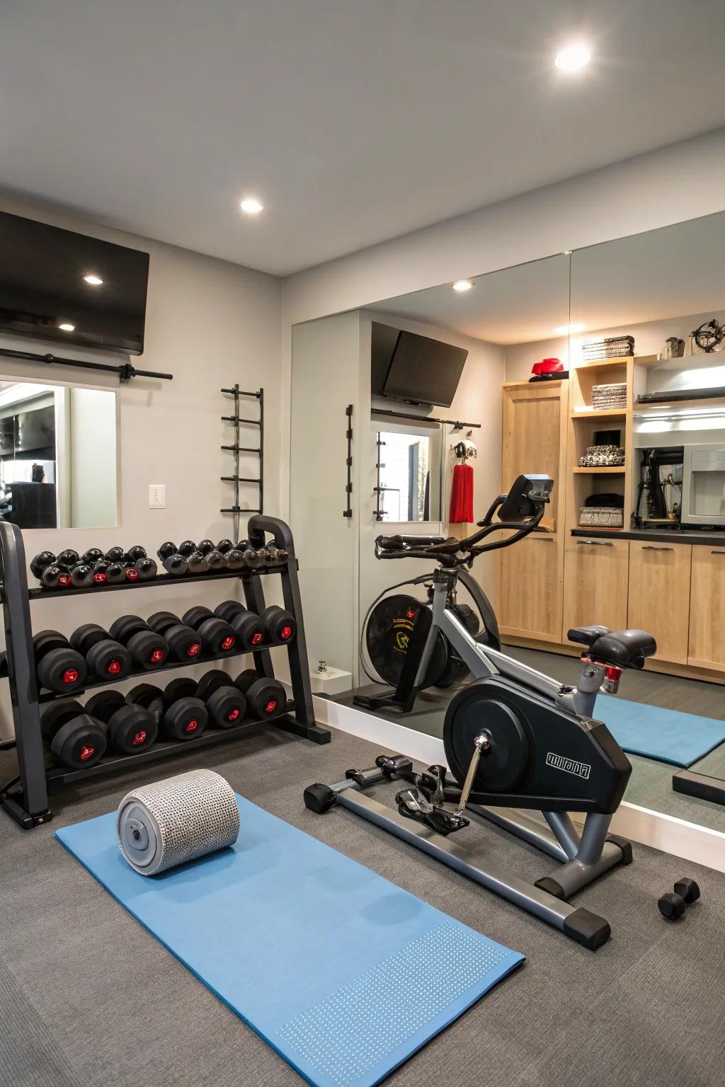 A home gym featuring a diverse range of exercise equipment for a complete workout.