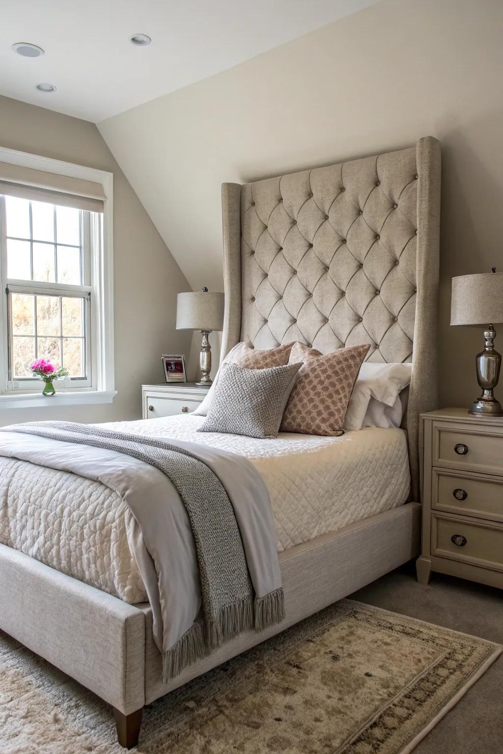 A tall headboard adds elegance and height to a diagonal bed.