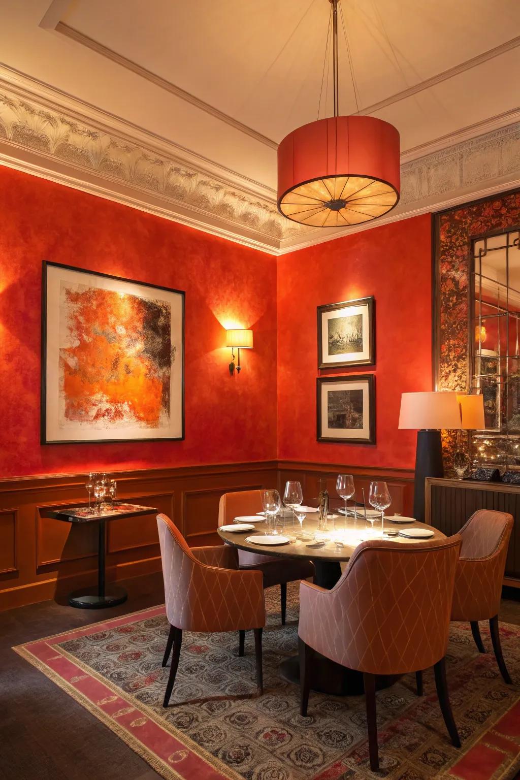 An energetic dining room brought to life with fiery hues.