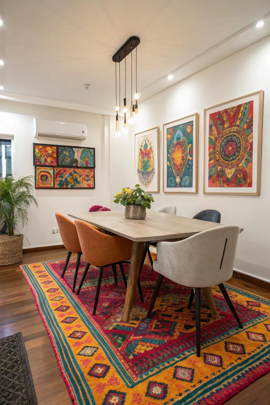 Vibrant colors bringing energy and personality to the dining room.