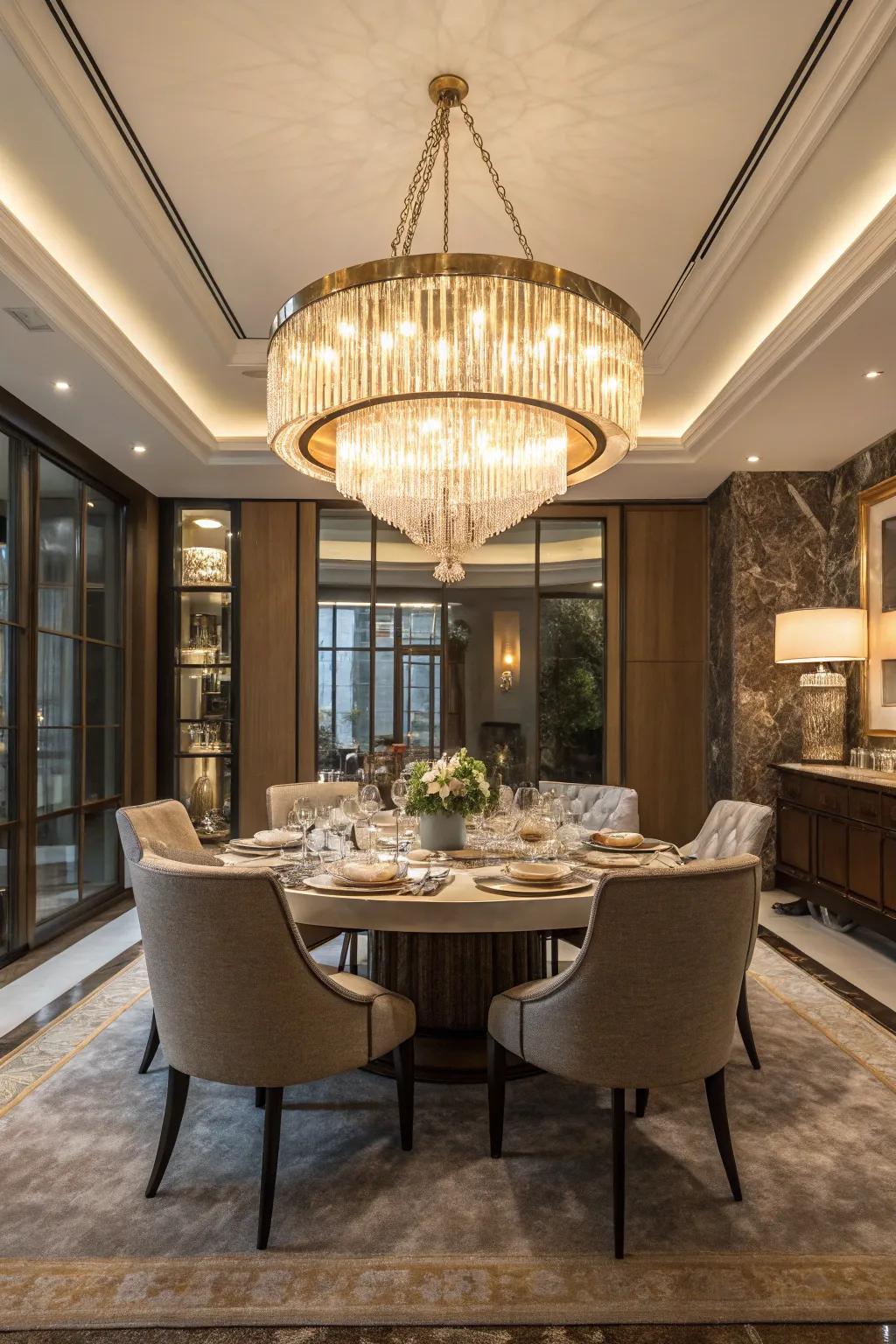 A statement chandelier enhances the dining room's ambiance.