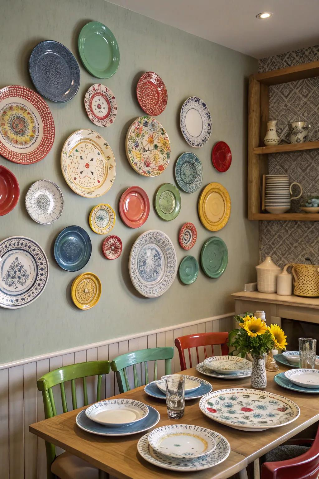 An eclectic mix of plates adds character and intrigue.