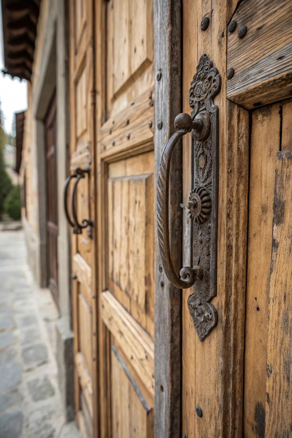 Rustic iron handles add a grounded, rustic feel.