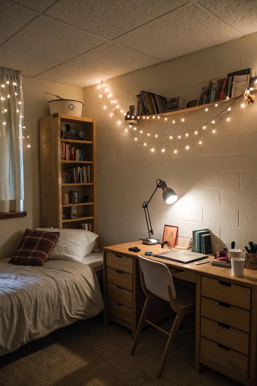 A dorm room featuring ambient lighting, creating a cozy and inviting atmosphere.