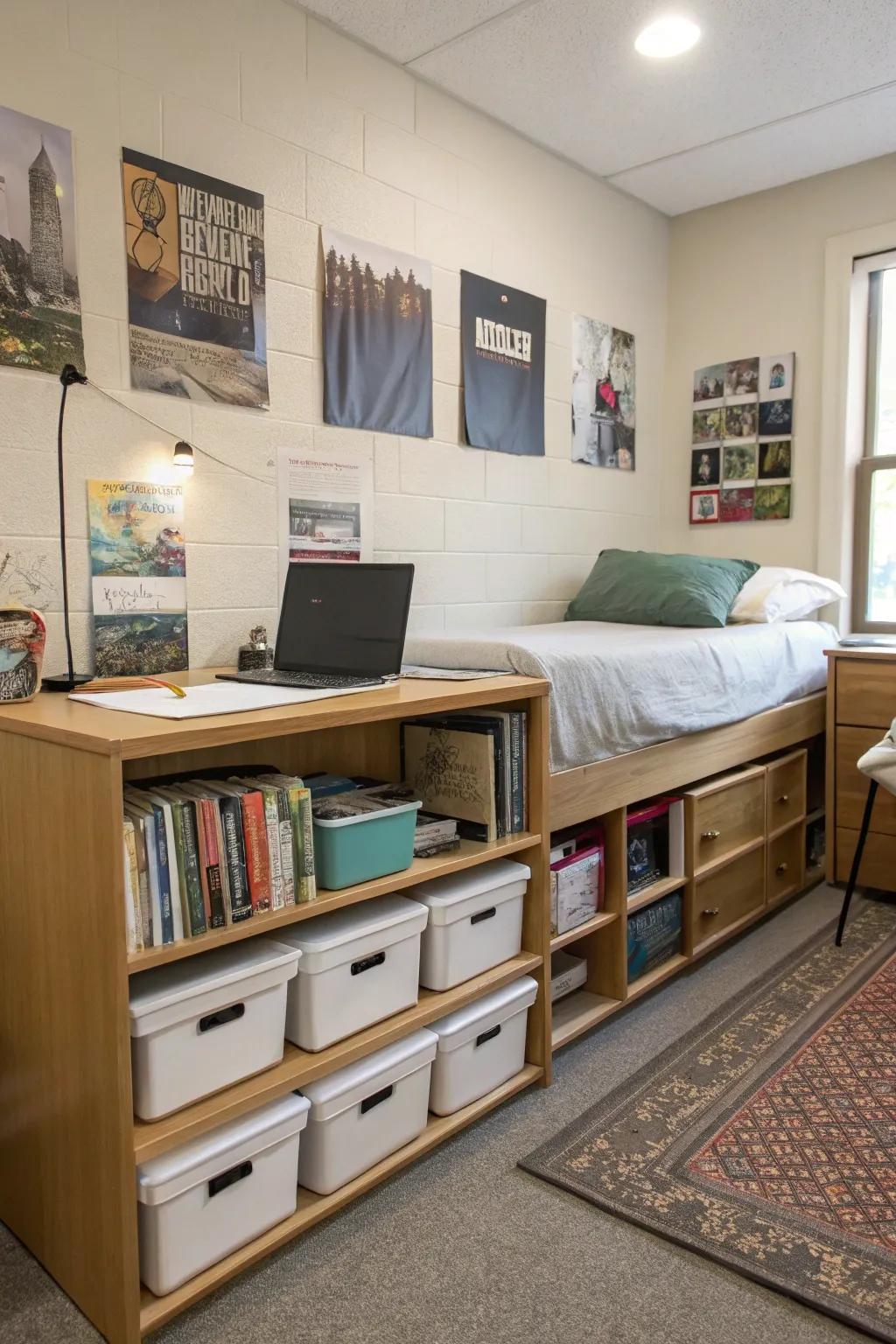 Efficient storage solutions help maintain a tidy dorm room.