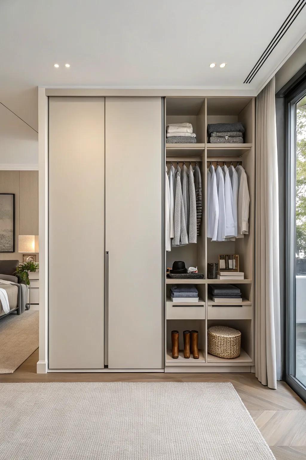 A minimalist double closet design exudes elegance and tranquility.