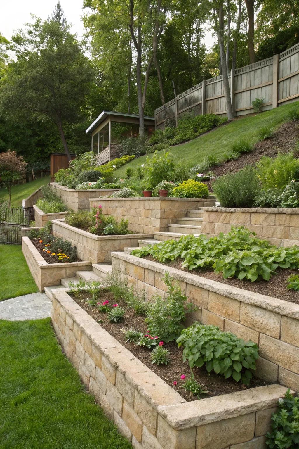 Retaining walls help manage slopes while adding functional flat surfaces.