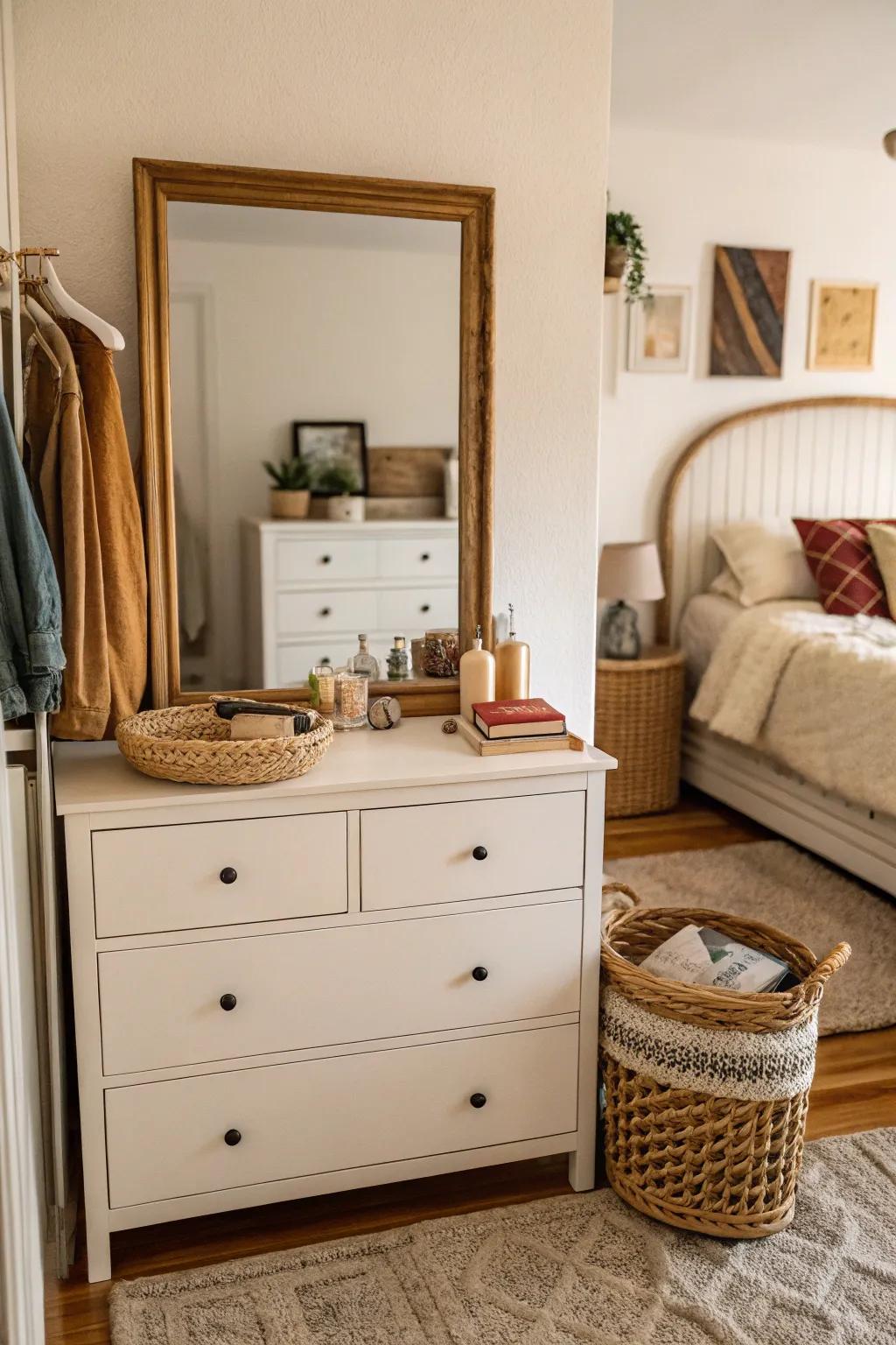 A mirror above a dresser reflecting light and enlarging the room visually.