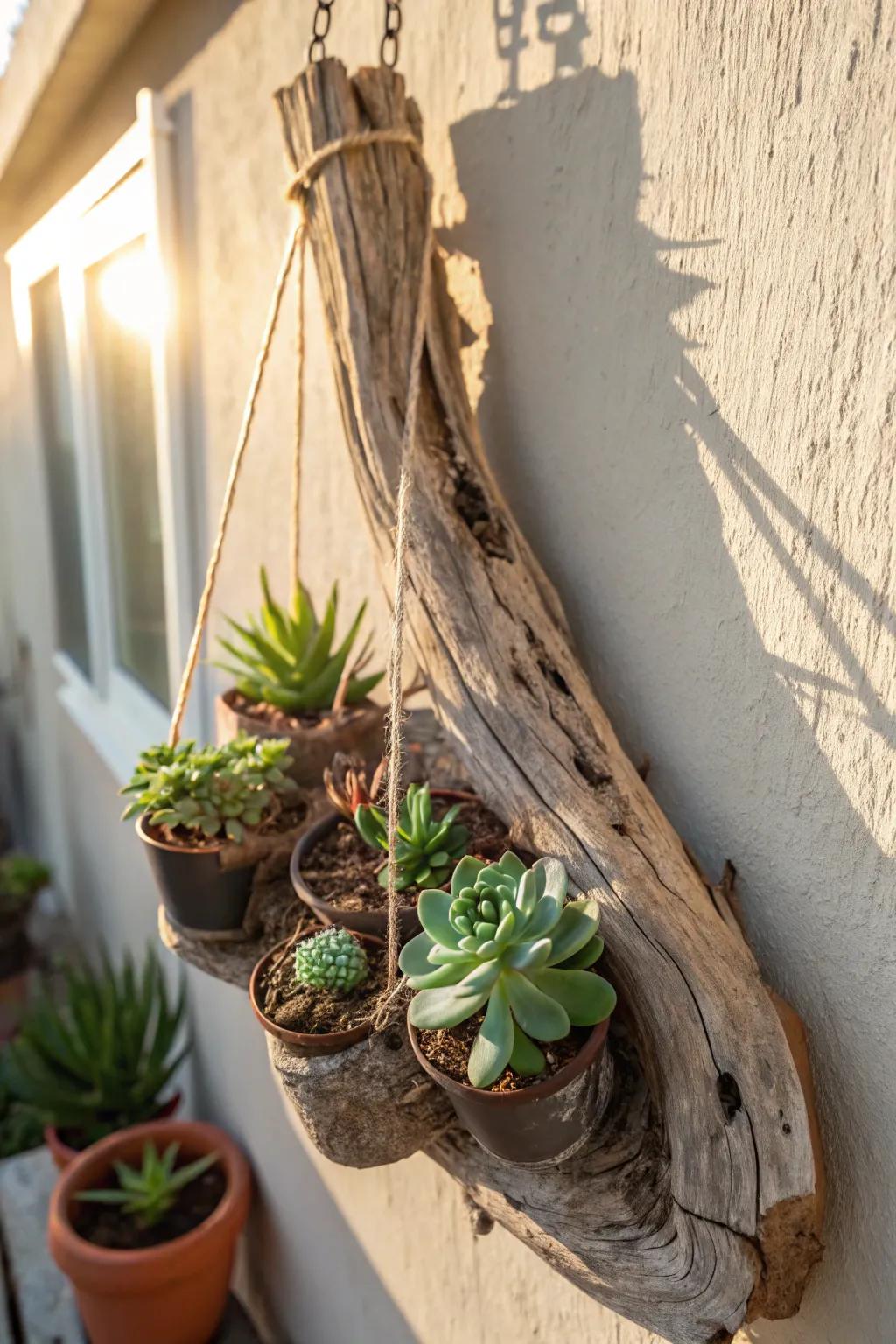 Display your greenery with creative driftwood plant holders.