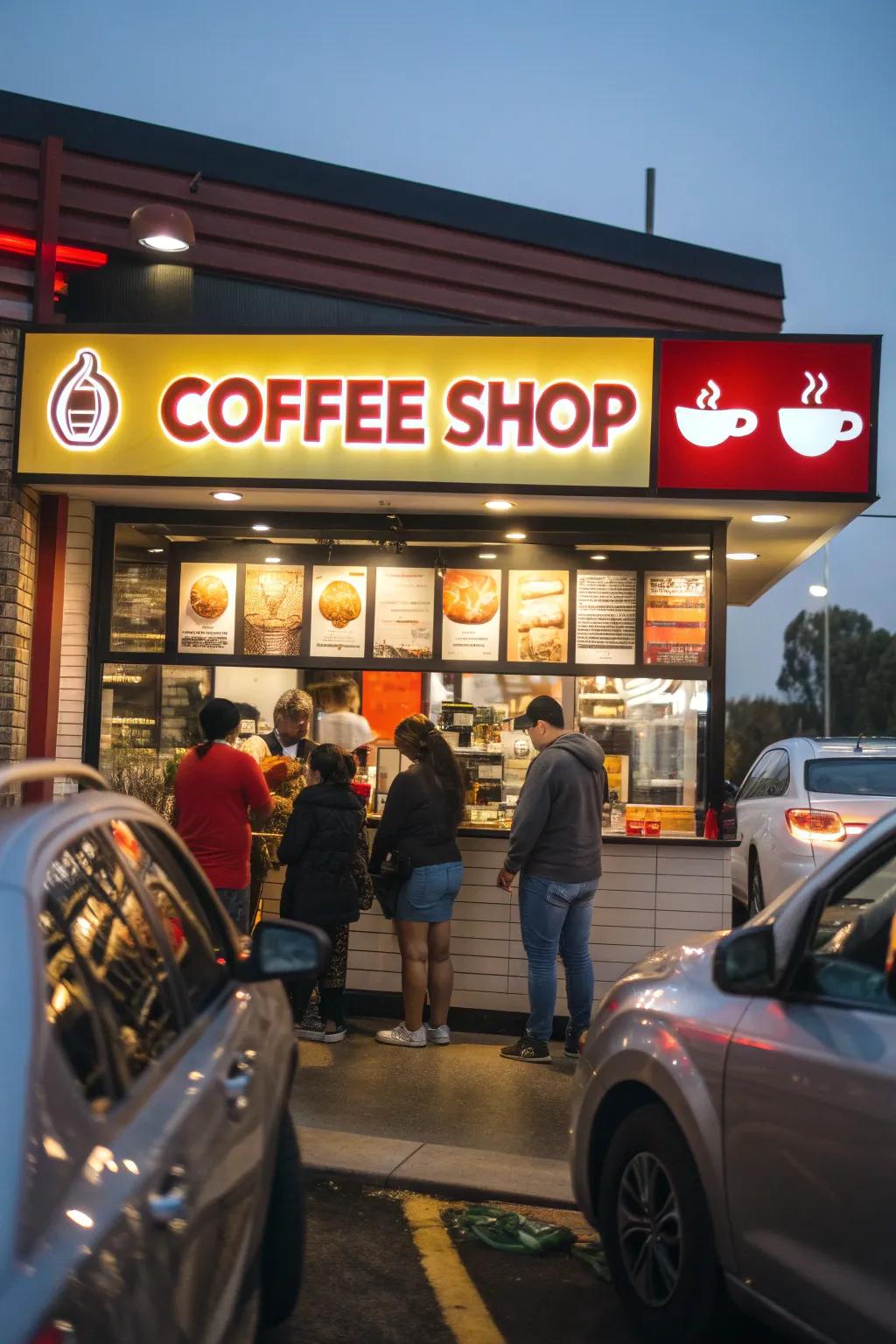 Drive-thru coffee shop with bold and clear branding.