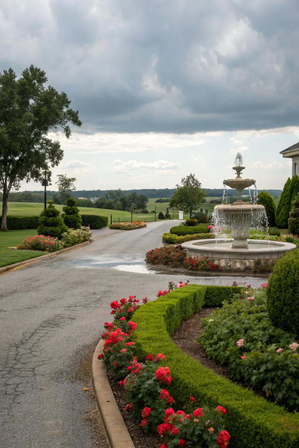 Lush landscaping enhances the beauty of a driveway fountain.