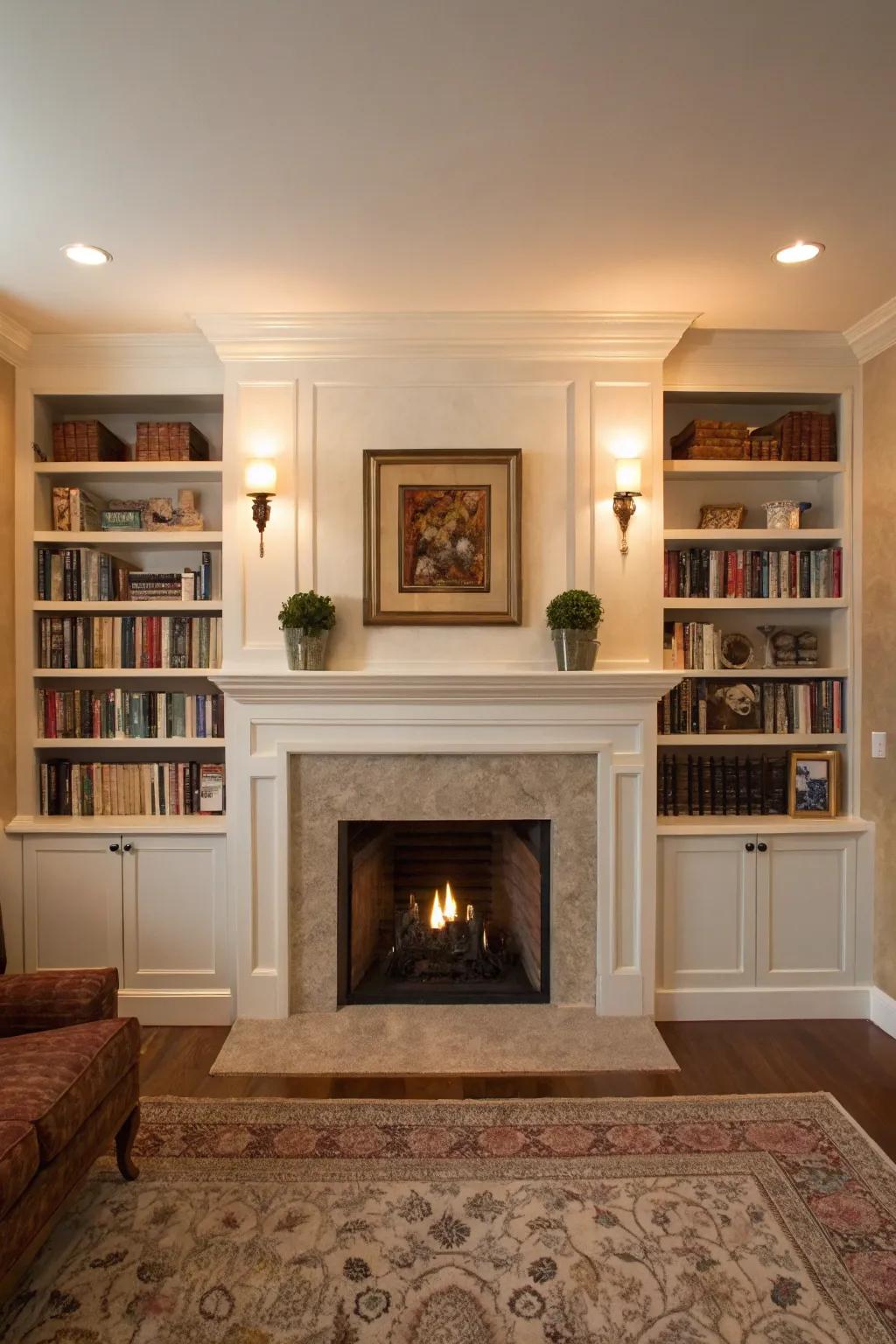 Symmetry around a drywall fireplace fosters harmony.