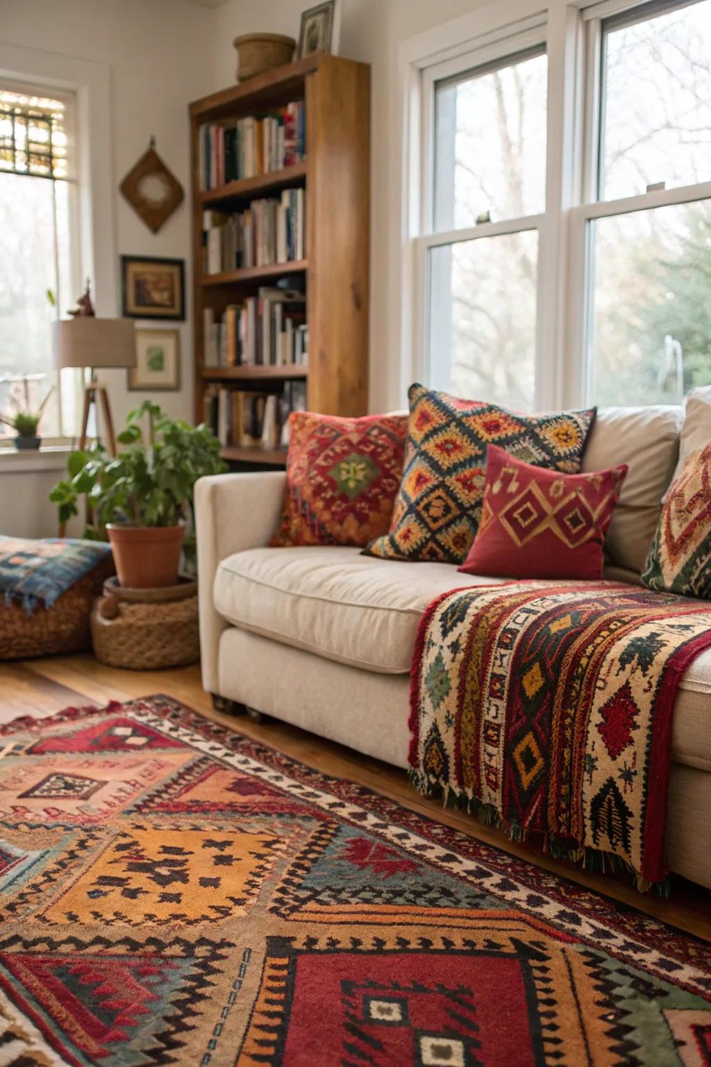 Living room with ethnic patterned decor for a bohemian vibe.