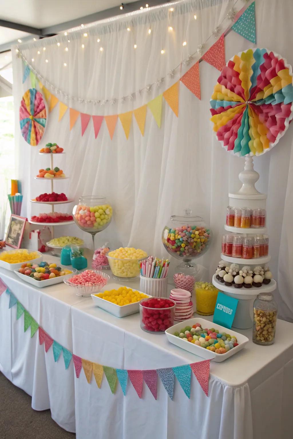 A themed backdrop enhancing the candy buffet.