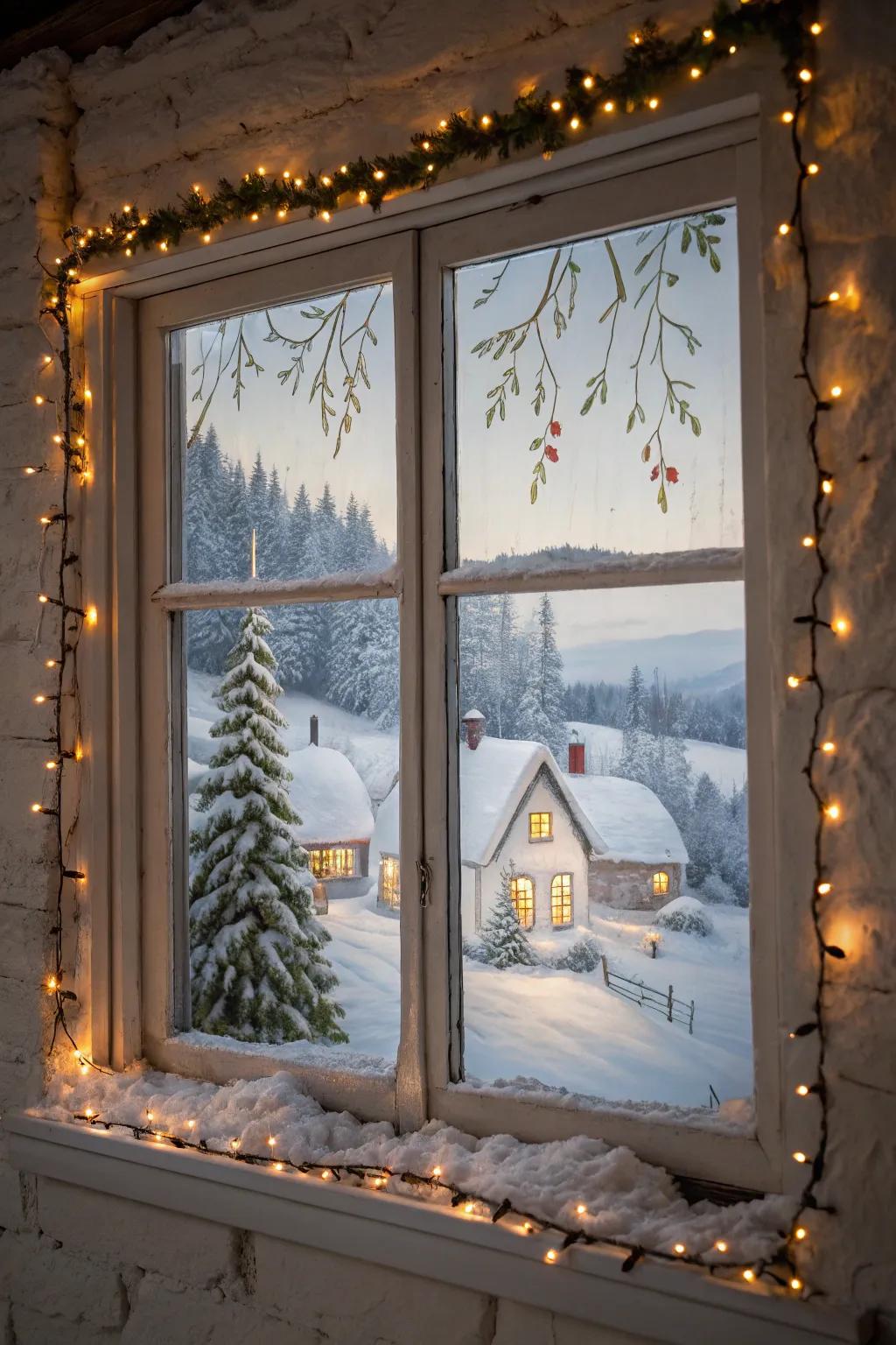 A serene snow-covered village illuminated by holiday lights