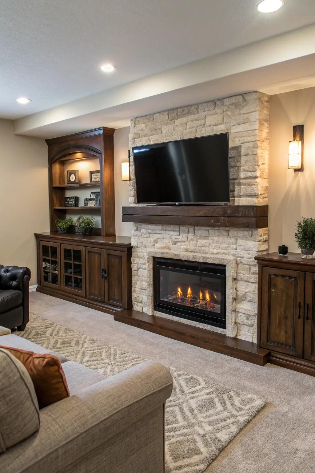 A combined TV and electric fireplace setup for a tidy living space.