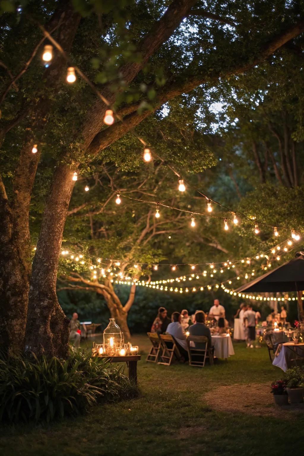 Fairy lights cast a magical glow over the enchanted forest setting.