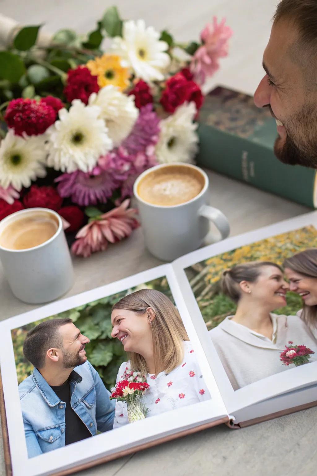 Decorative elements add charm to an engagement photo book.