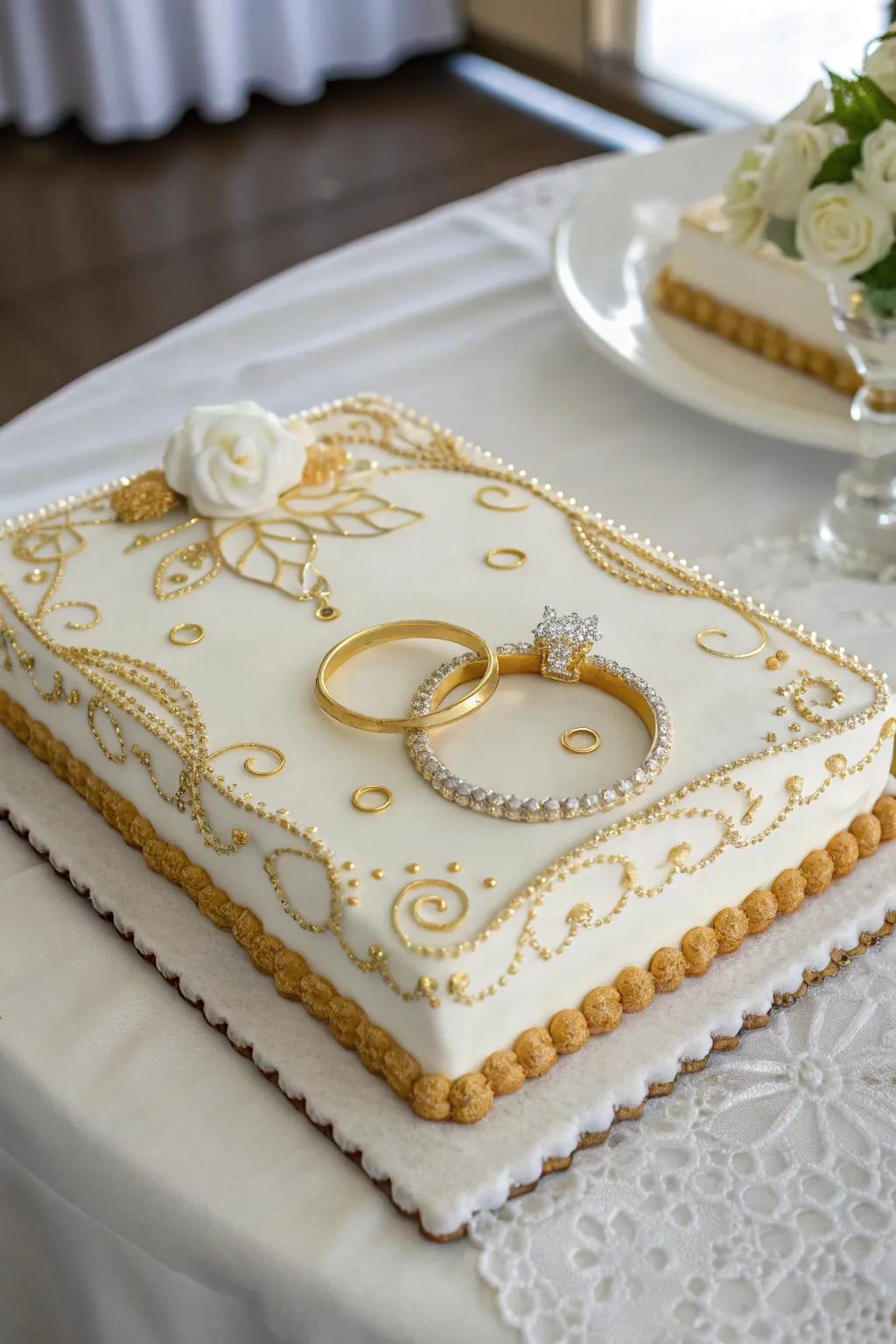 A ring-themed engagement sheet cake with gold accents.