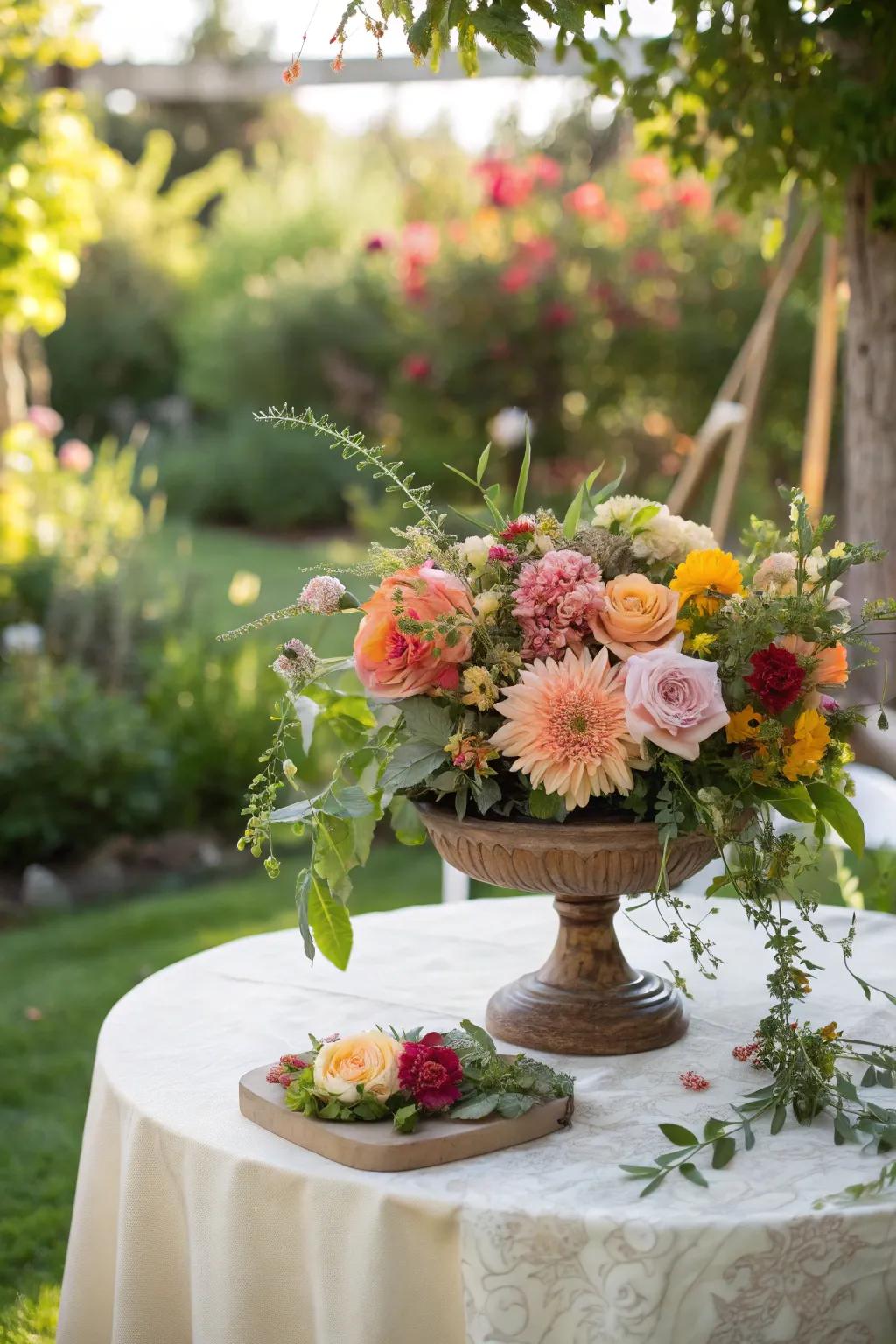 Floral centerpieces add a pop of color to garden tables.