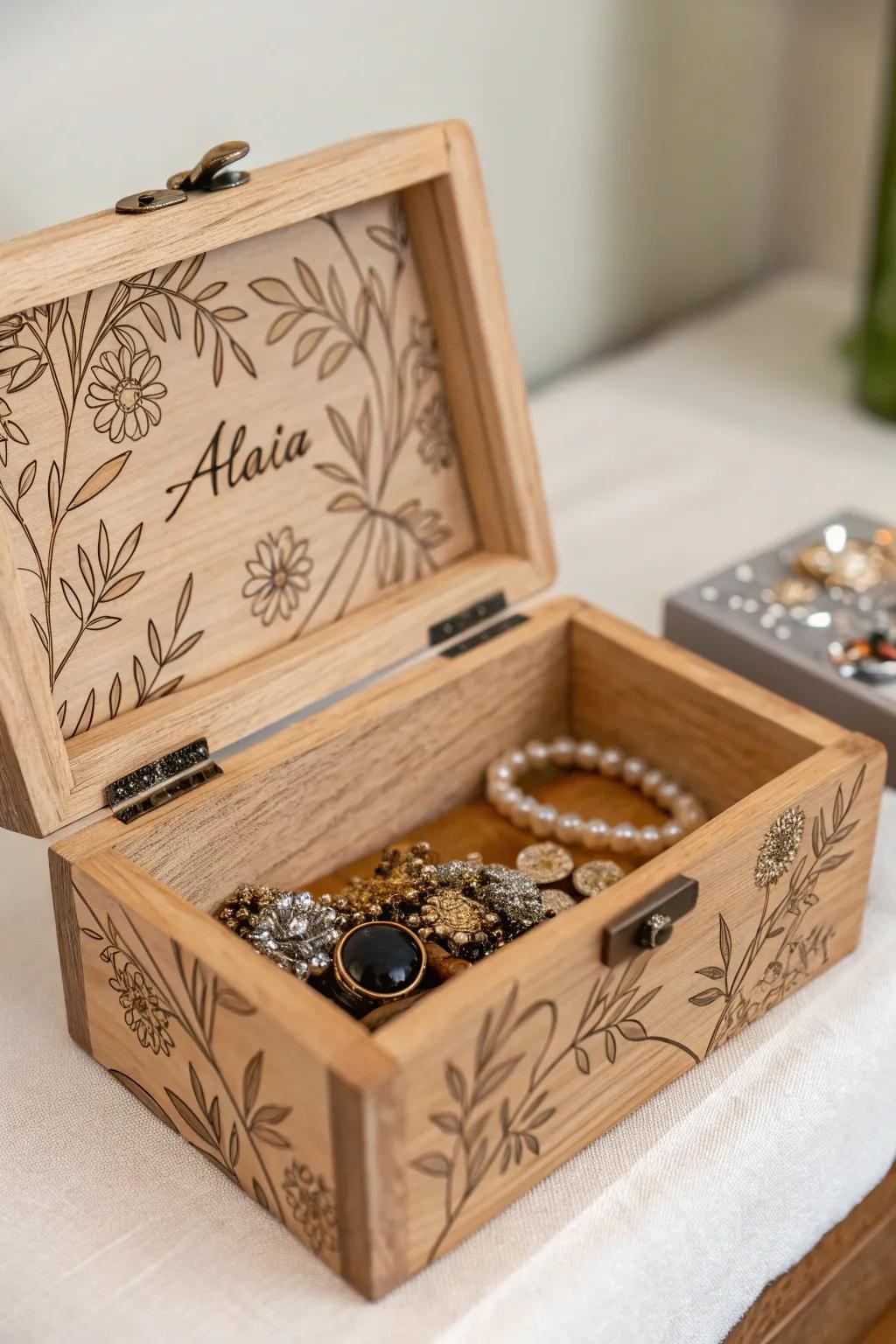 An engraved jewelry box is both a functional and decorative piece for any vanity.