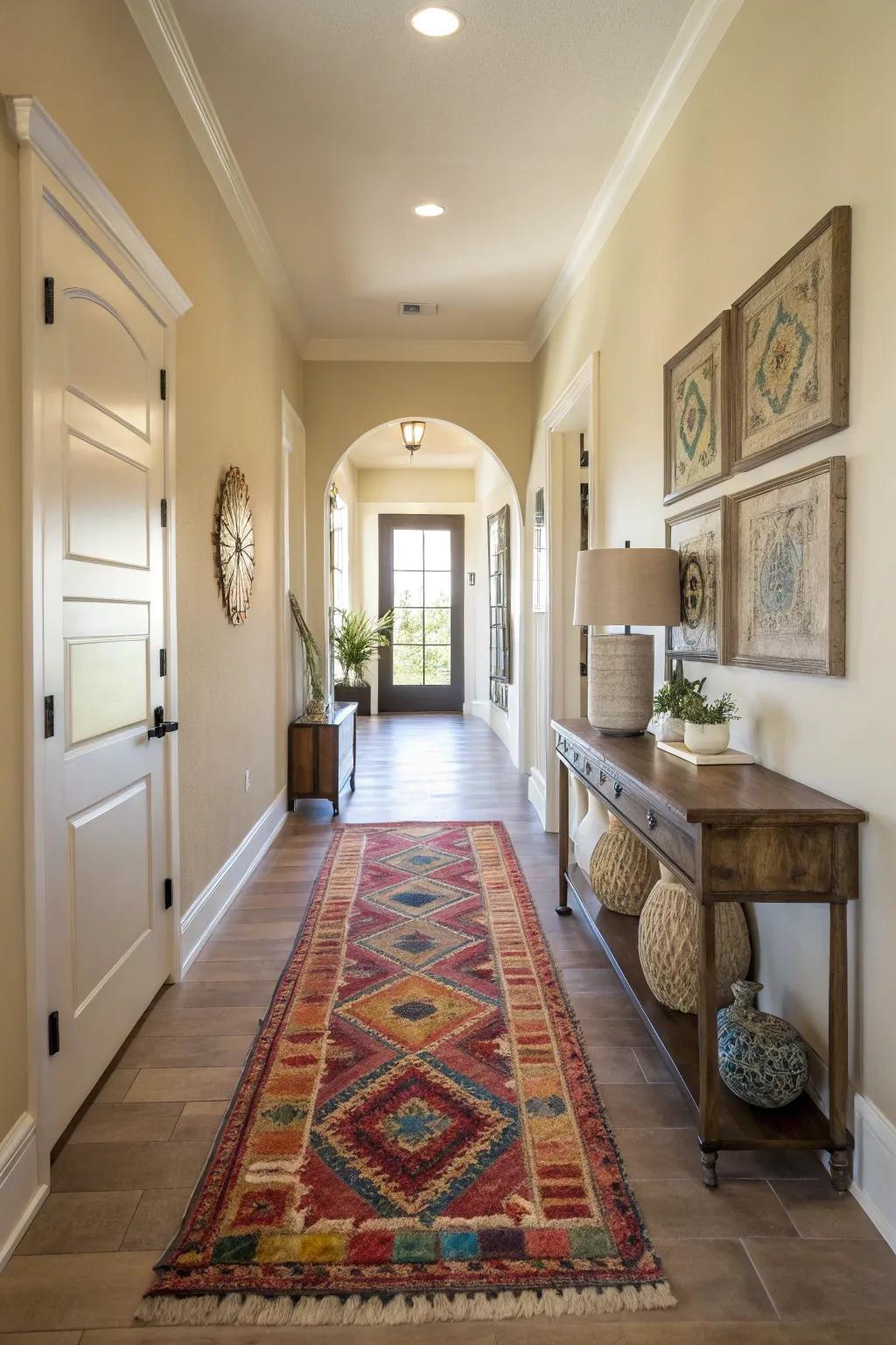 A vibrant runner rug adds warmth to this entry hallway.