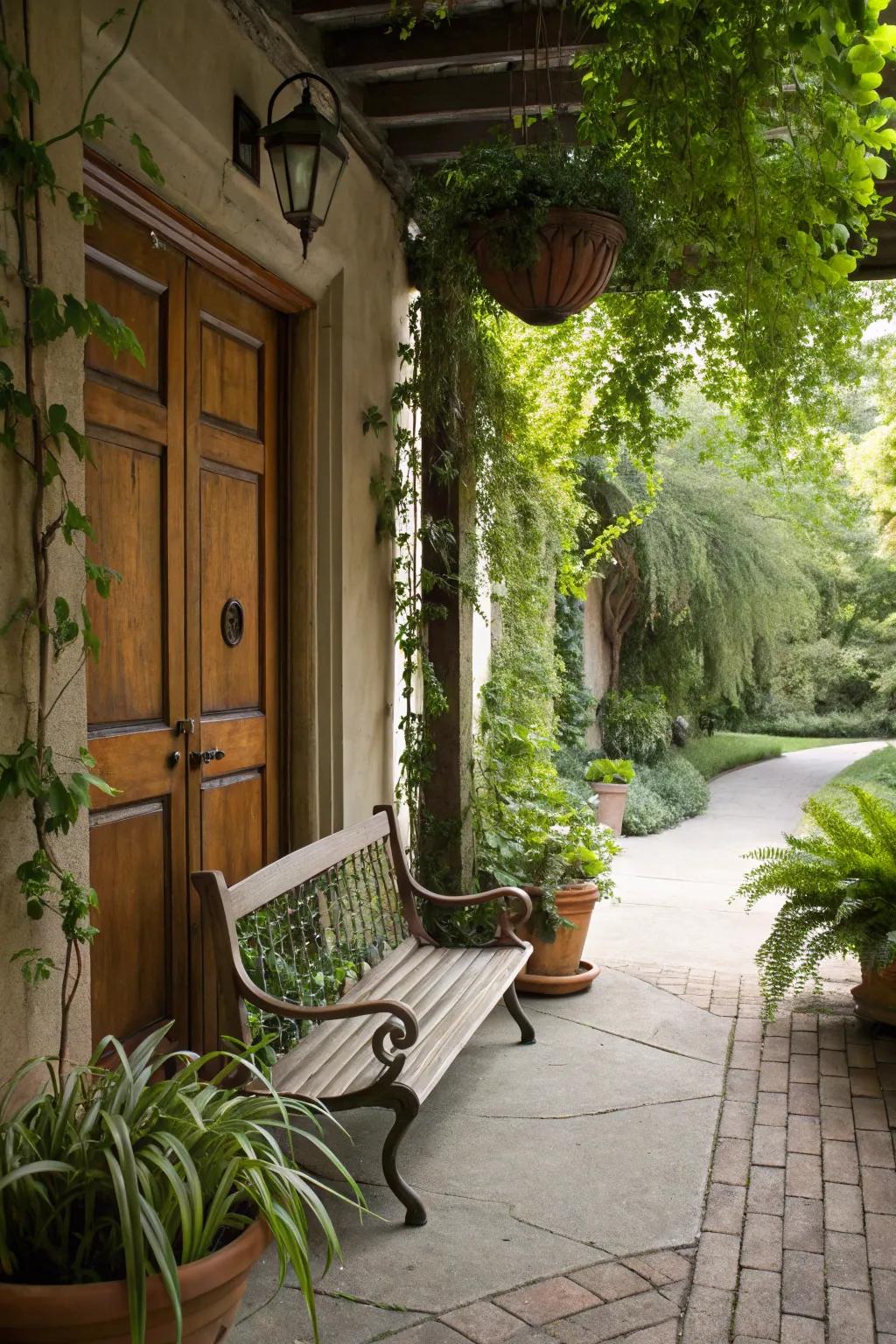 Potted plants and hanging vines bring life to this entryway bench setting.