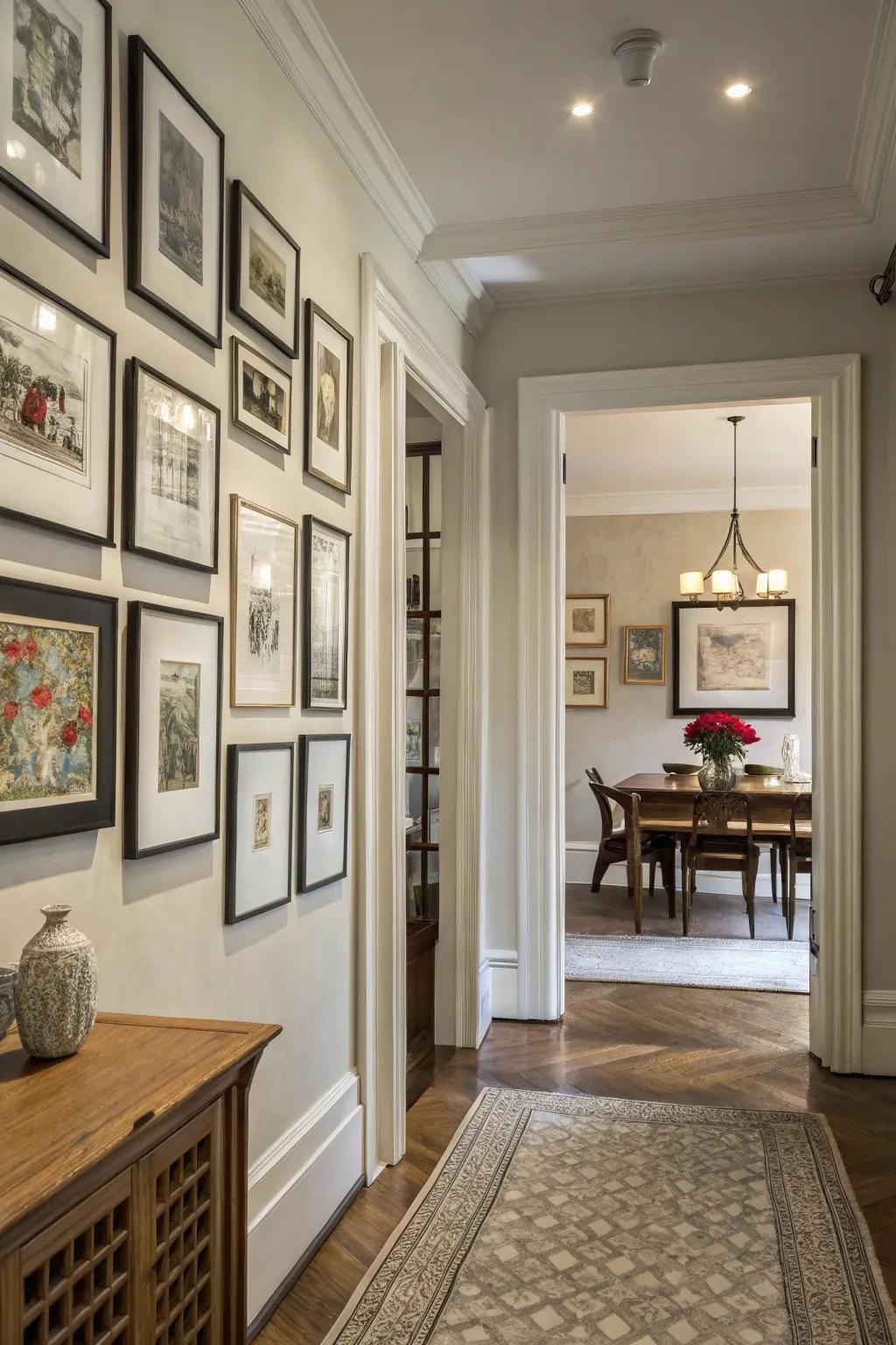 A gallery wall adds personal charm to the space.