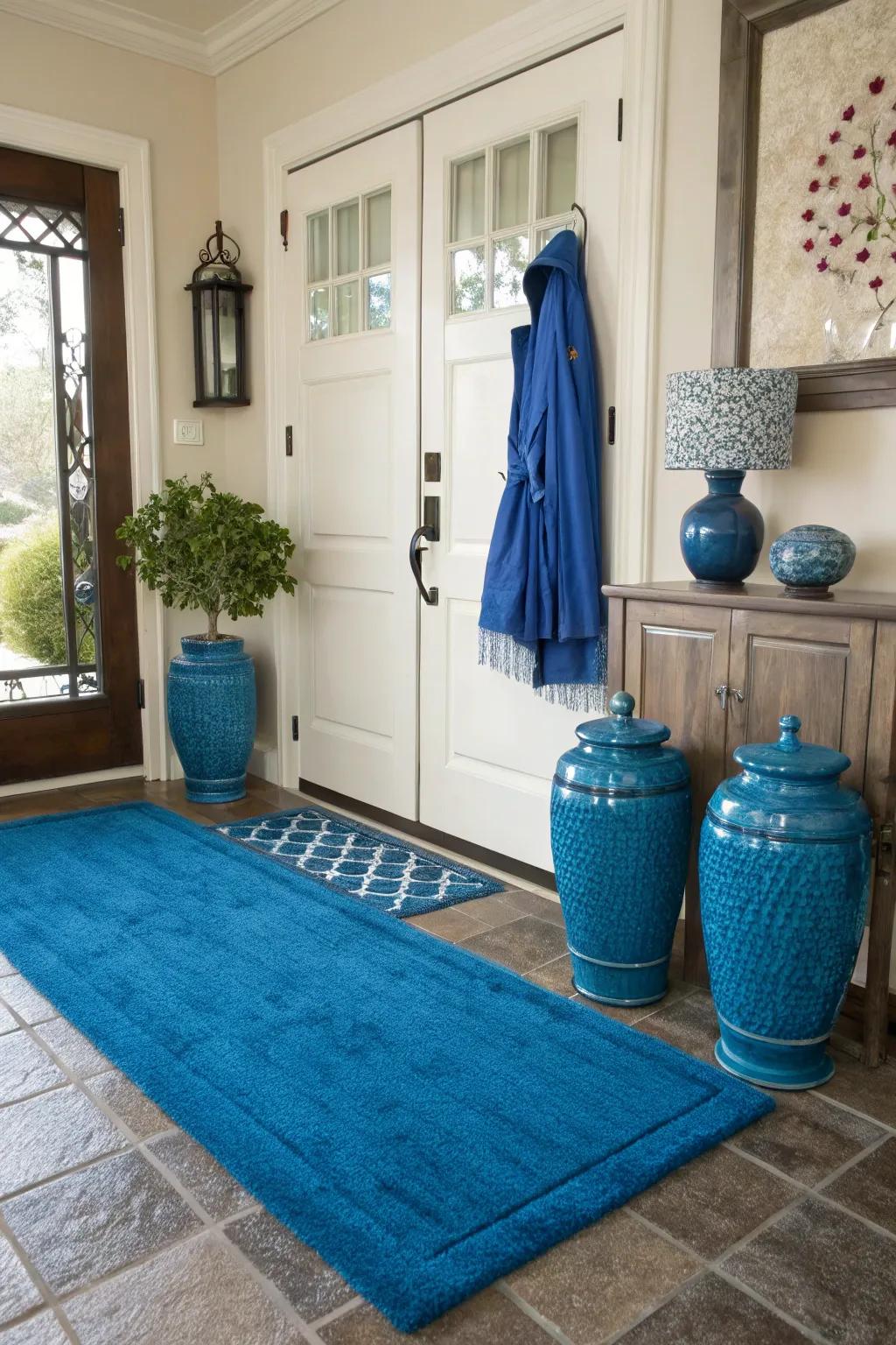 A bold accent rug can serve as the focal point in a neutral entryway.