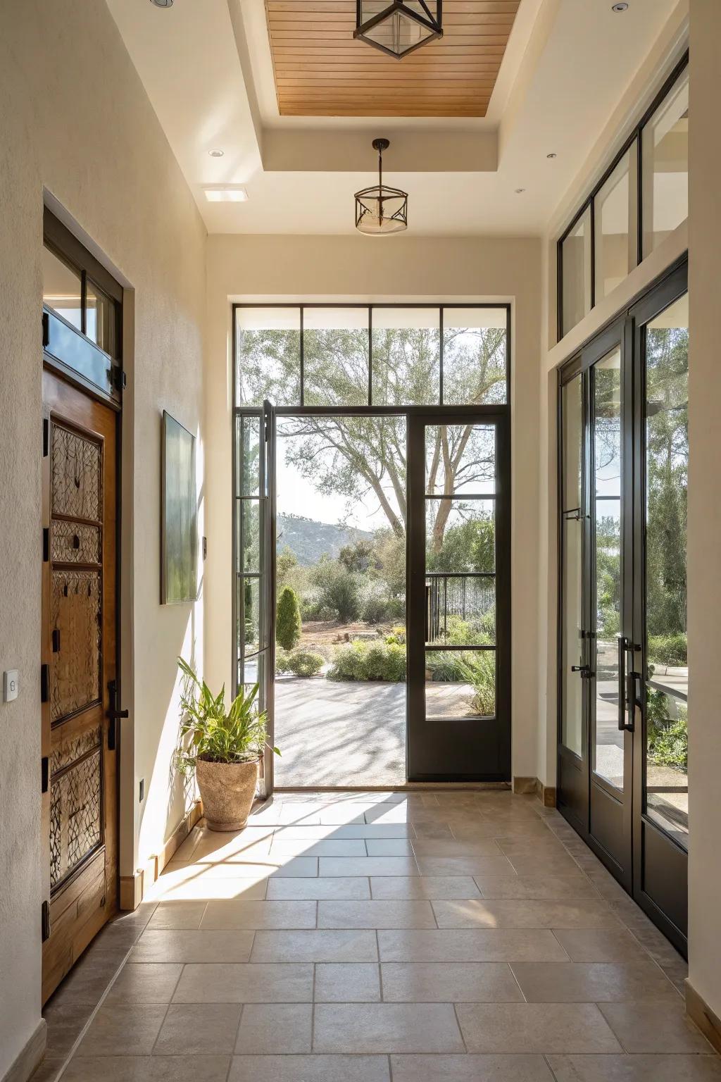 An entryway with glass doors allowing natural light to create a modern and airy feel.