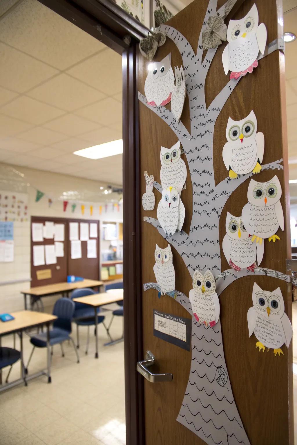 Owl-themed door decor with student quotes.