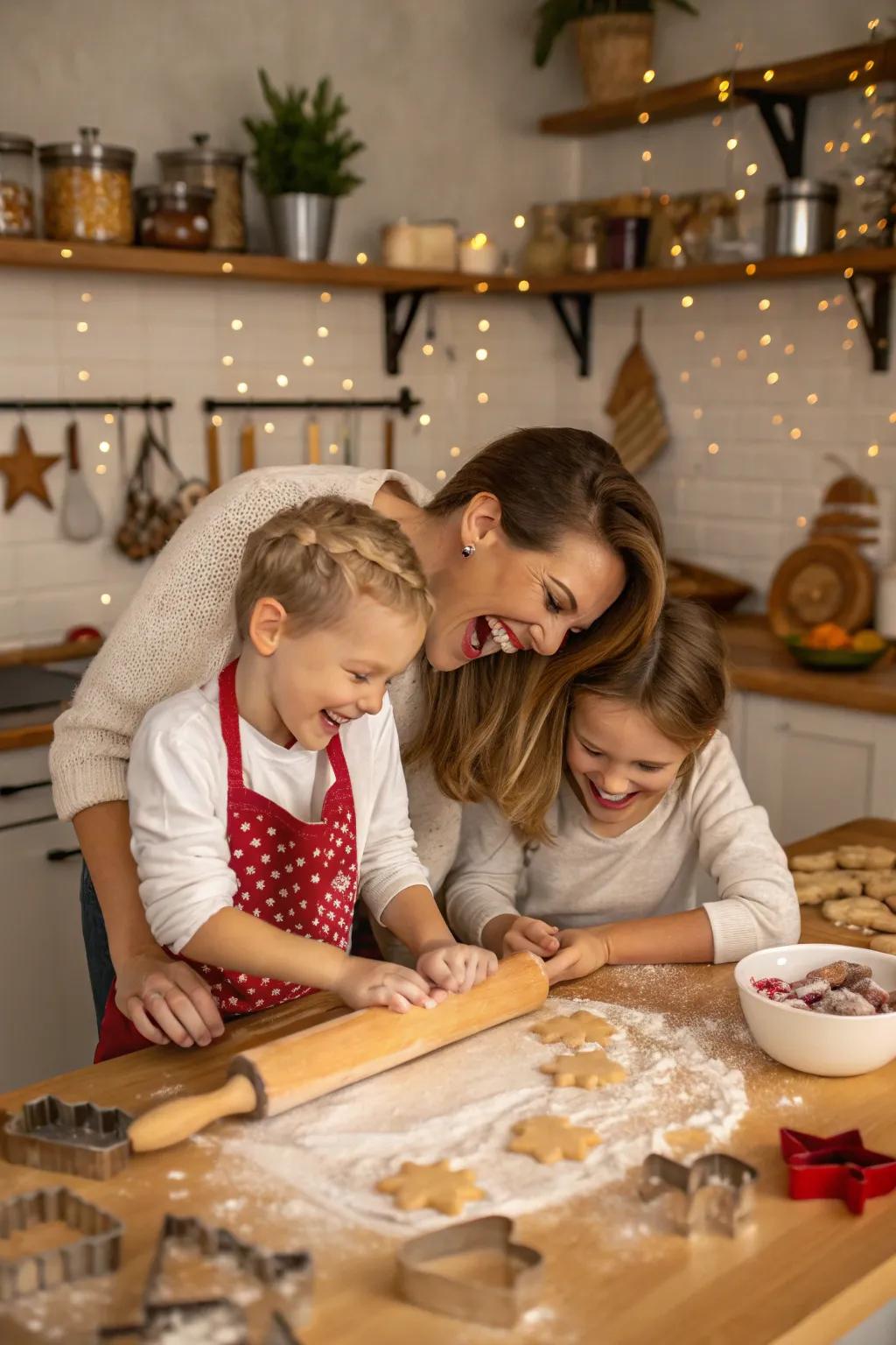 Candid moments in the kitchen capture the joy of holiday baking together.