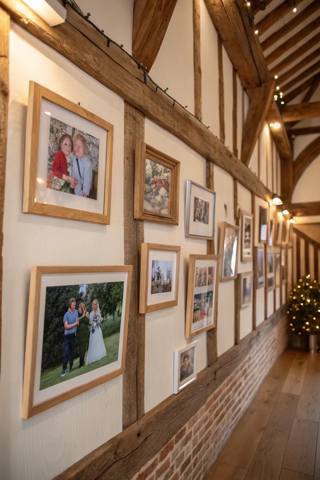 Rustic family wall with wooden frames adding warmth and charm.