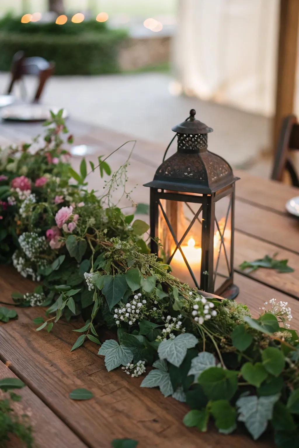 A vintage lantern surrounded by greenery adds a cozy glow.