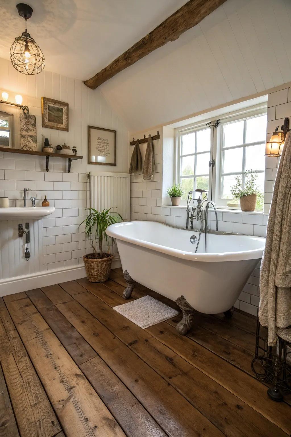 A freestanding tub serves as a stunning focal point in a farmhouse bathroom.