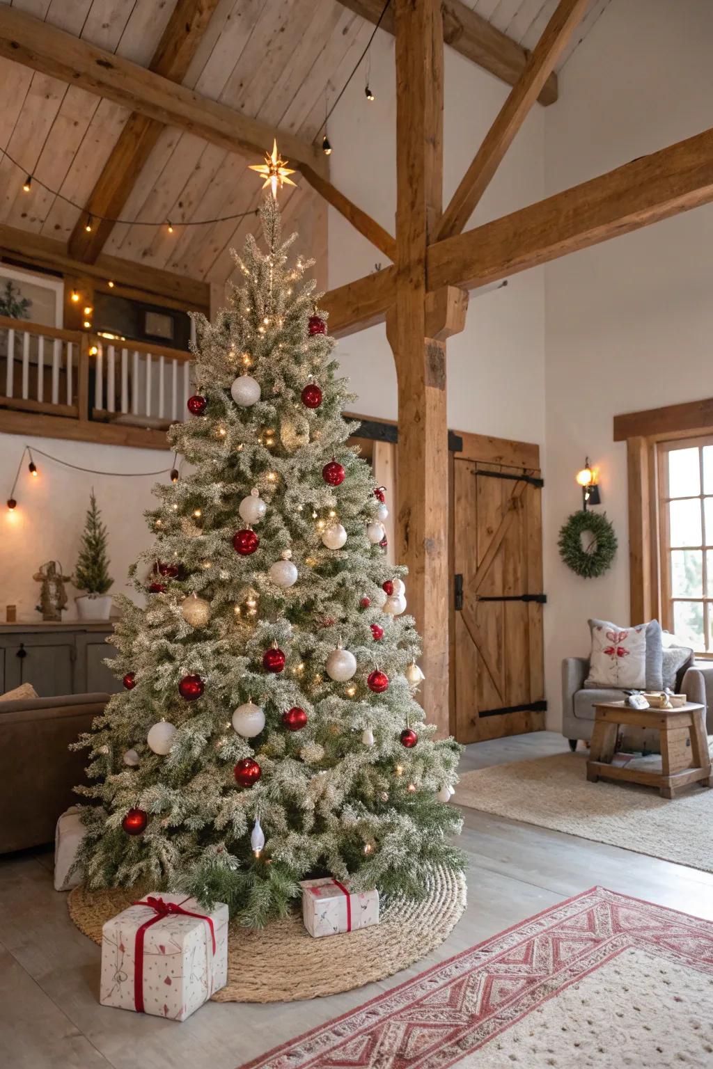 A muted color palette creates a serene and elegant farmhouse Christmas tree.