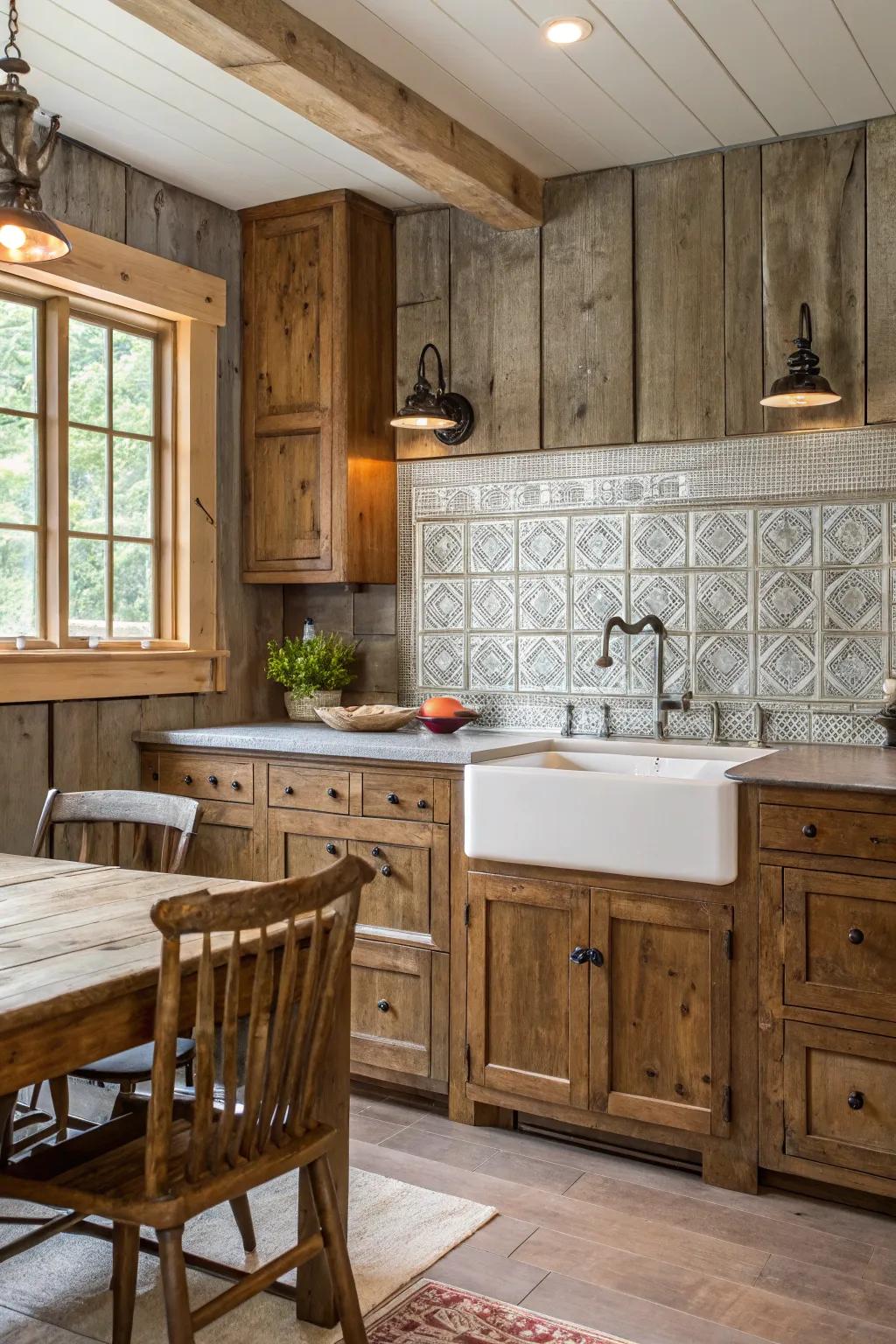 A farmhouse kitchen with a vintage tin tile backsplash.