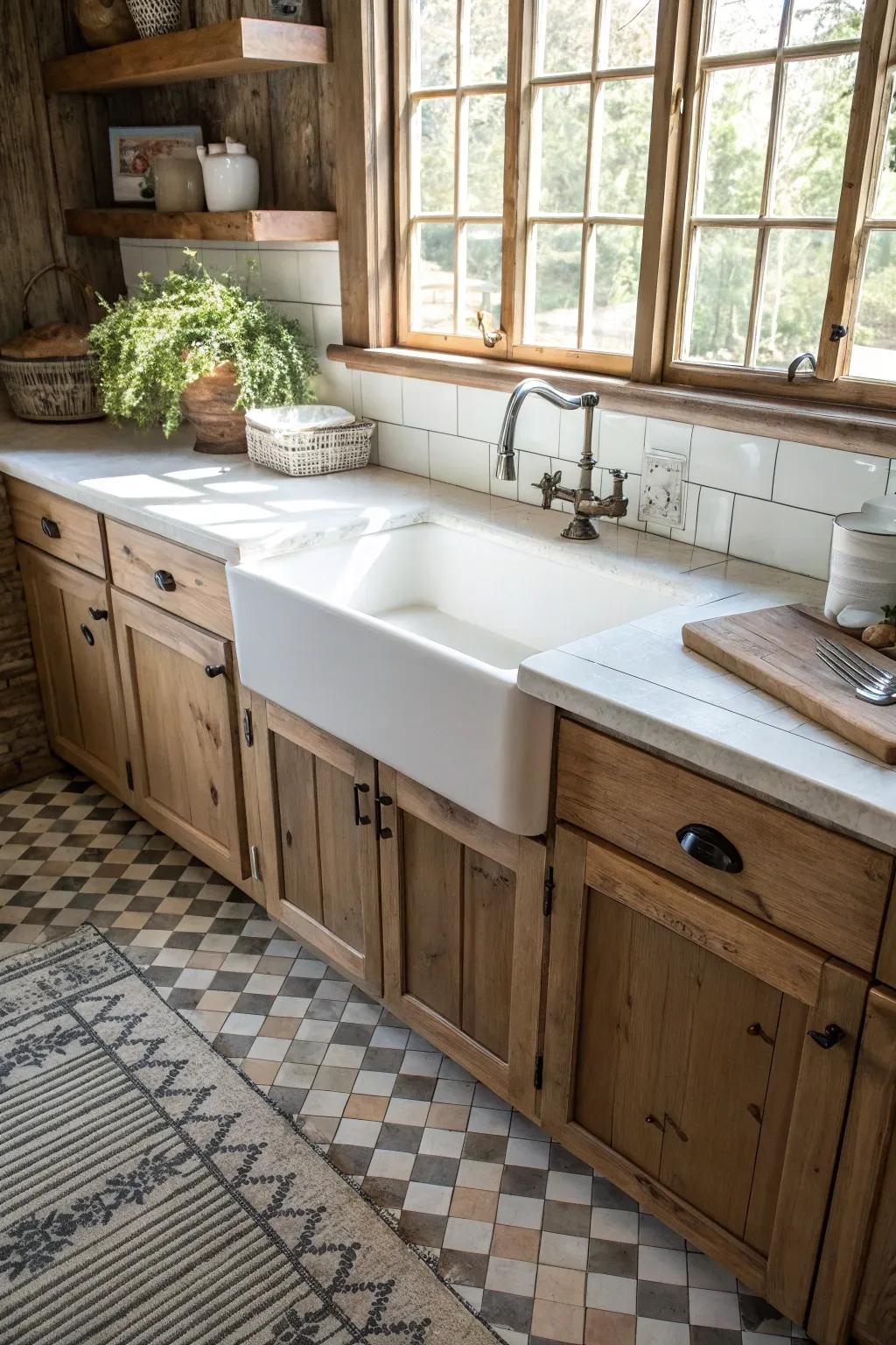 A farmhouse kitchen featuring a white porcelain farmhouse sink.