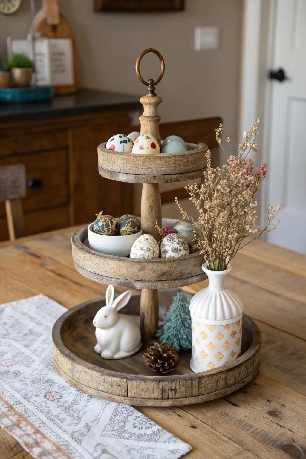 A tiered wooden stand adds height and dimension to your farmhouse table centerpiece.